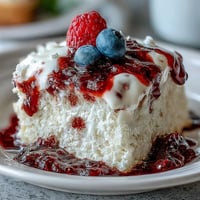 Festive Patriotic Poke Cake with creamy white chocolate ganache topping.