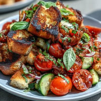 Vibrant Summer Panzanella with grilled bread and tomatoes, overflowing with fresh juicy produce.