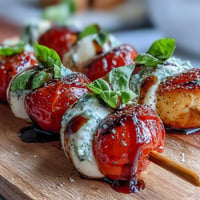 Mini Caprese skewers glistening with balsamic glaze, a vibrant, fresh Italian appetizer.